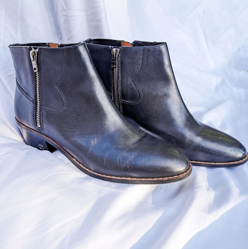 Coach Danni black leather dual zip stacked heel western ankle boots
